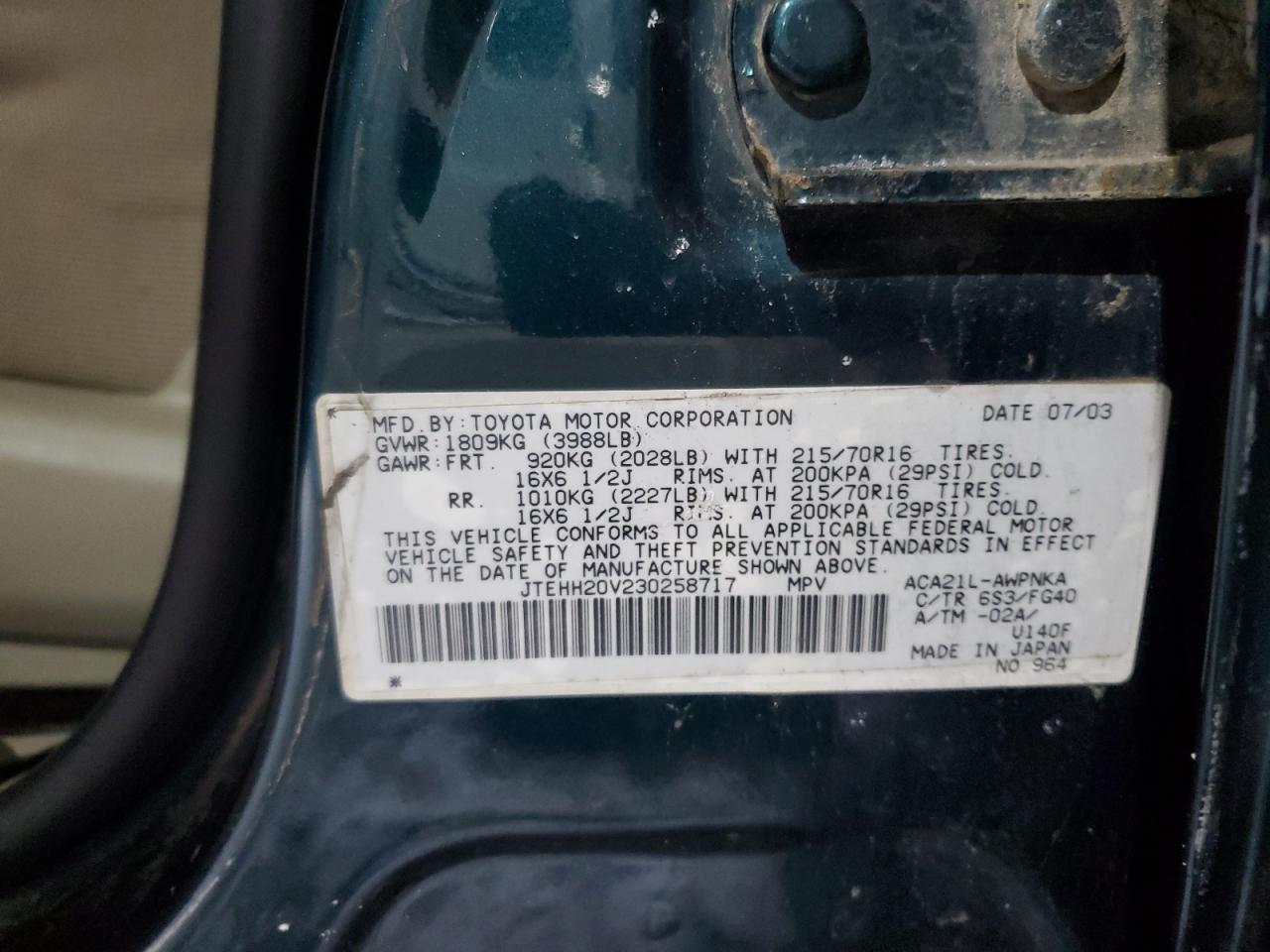 2003 Toyota Rav4 VIN: JTEHH20V230258717 Lot: 63209285