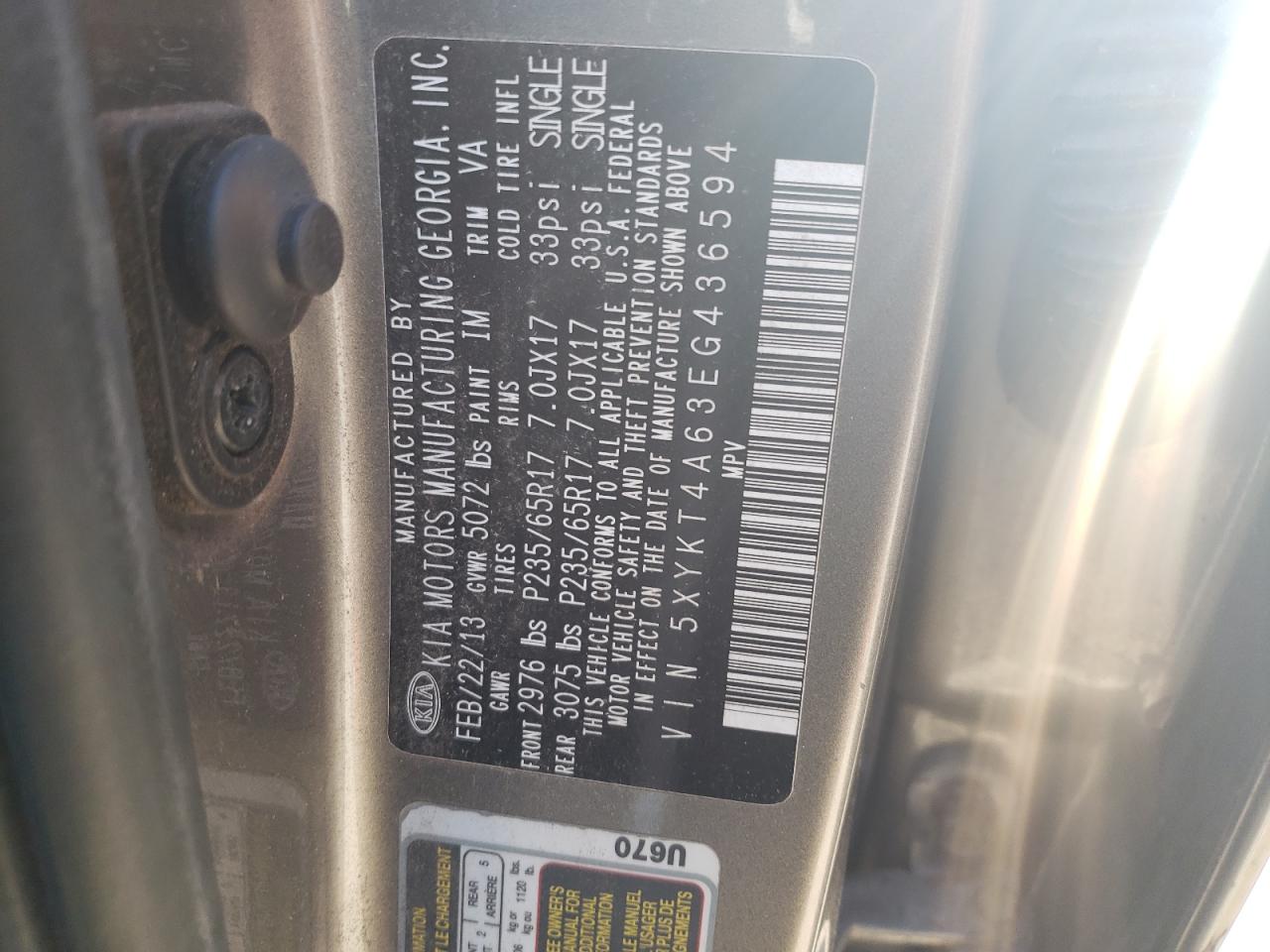 VIN 5XYKT4A63EG436594 2014 KIA SORENTO no.12