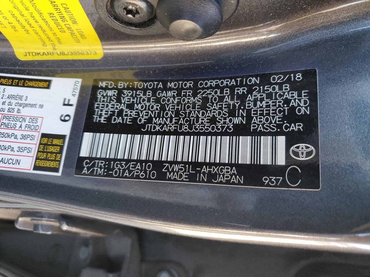 VIN JTDKARFU8J3550373 2018 TOYOTA PRIUS no.13