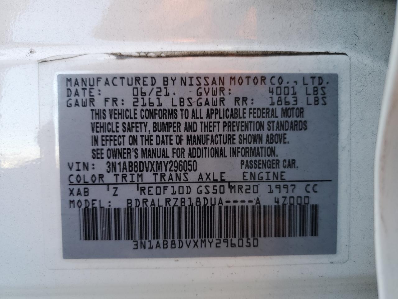 2021 Nissan Sentra Sr VIN: 3N1AB8DVXMY296050 Lot: 87000914