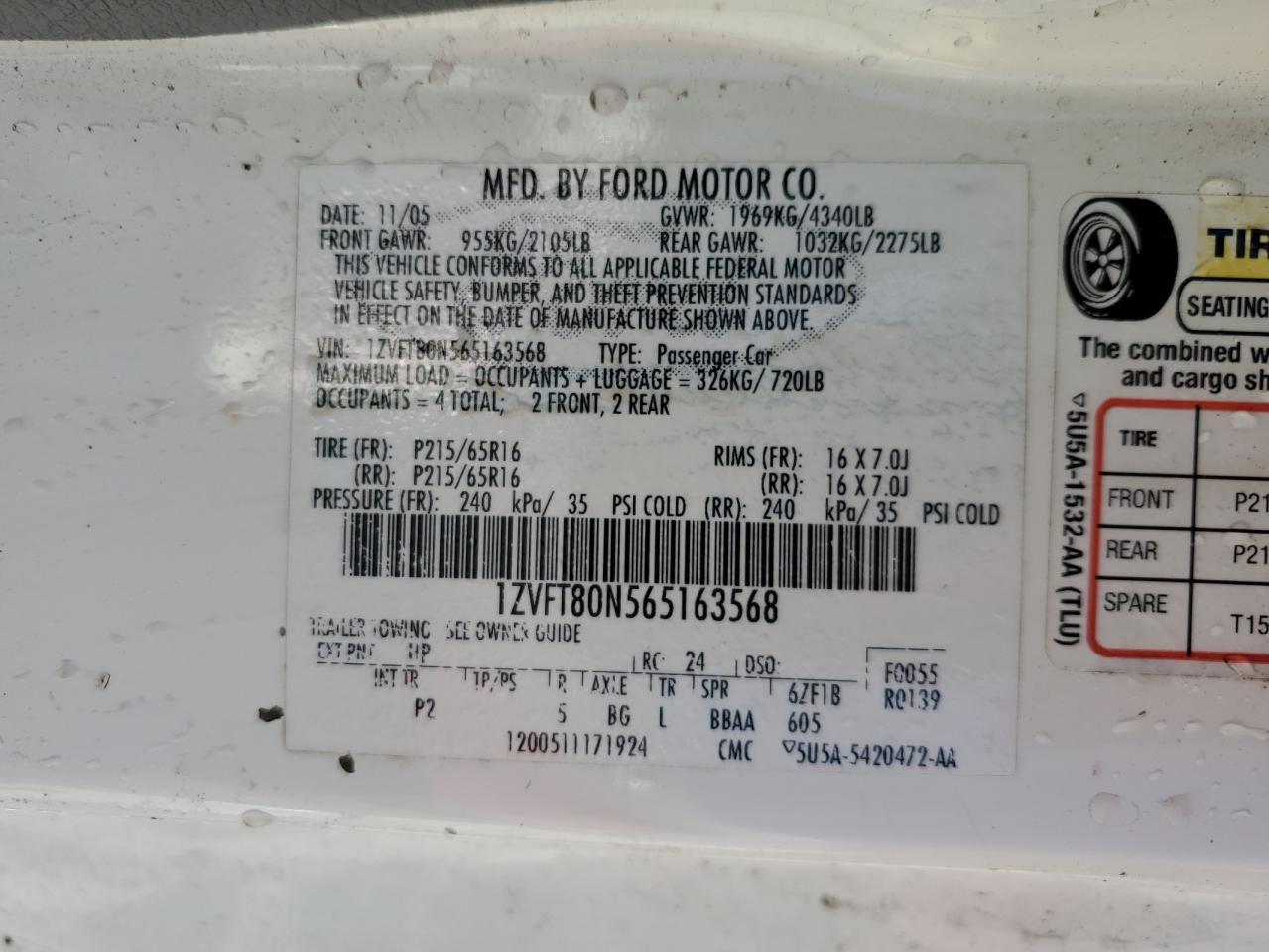 2006 Ford Mustang VIN: 1ZVFT80N565163568 Lot: 43246205