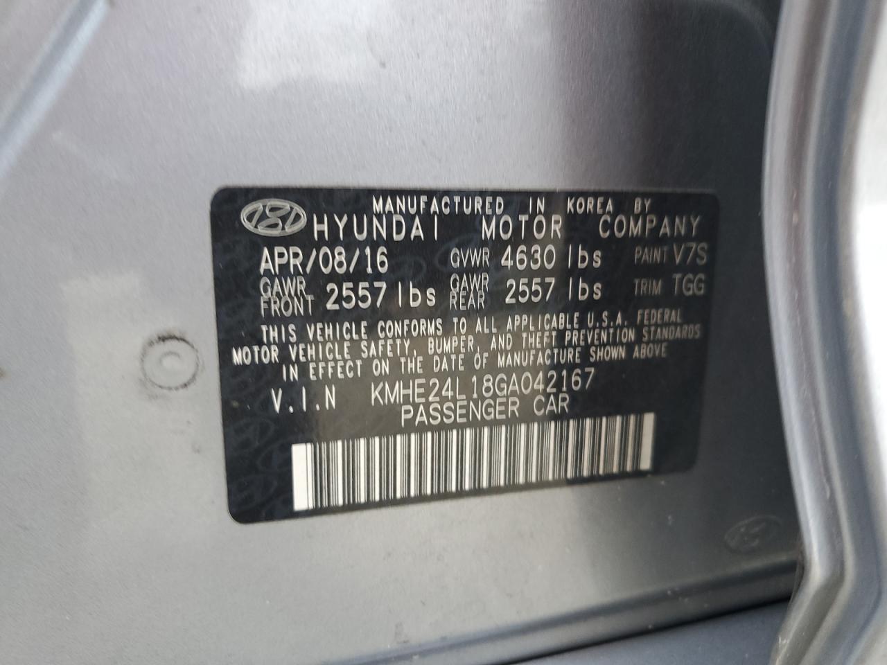 2016 Hyundai Sonata Hybrid VIN: KMHE24L18GA042167 Lot: 88142185