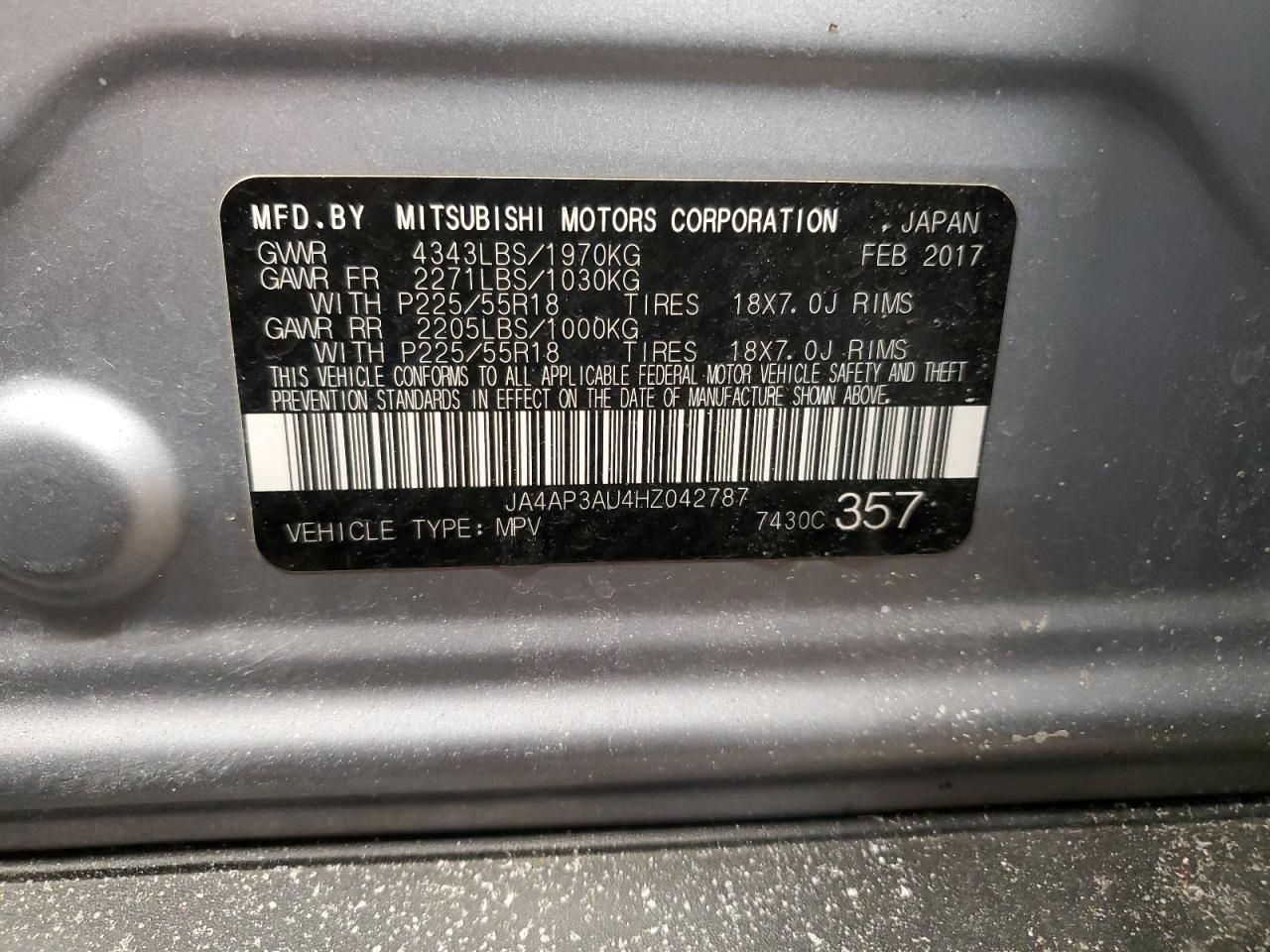 2017 Mitsubishi Outlander Sport Es VIN: JA4AP3AU4HZ042787 Lot: 42636095