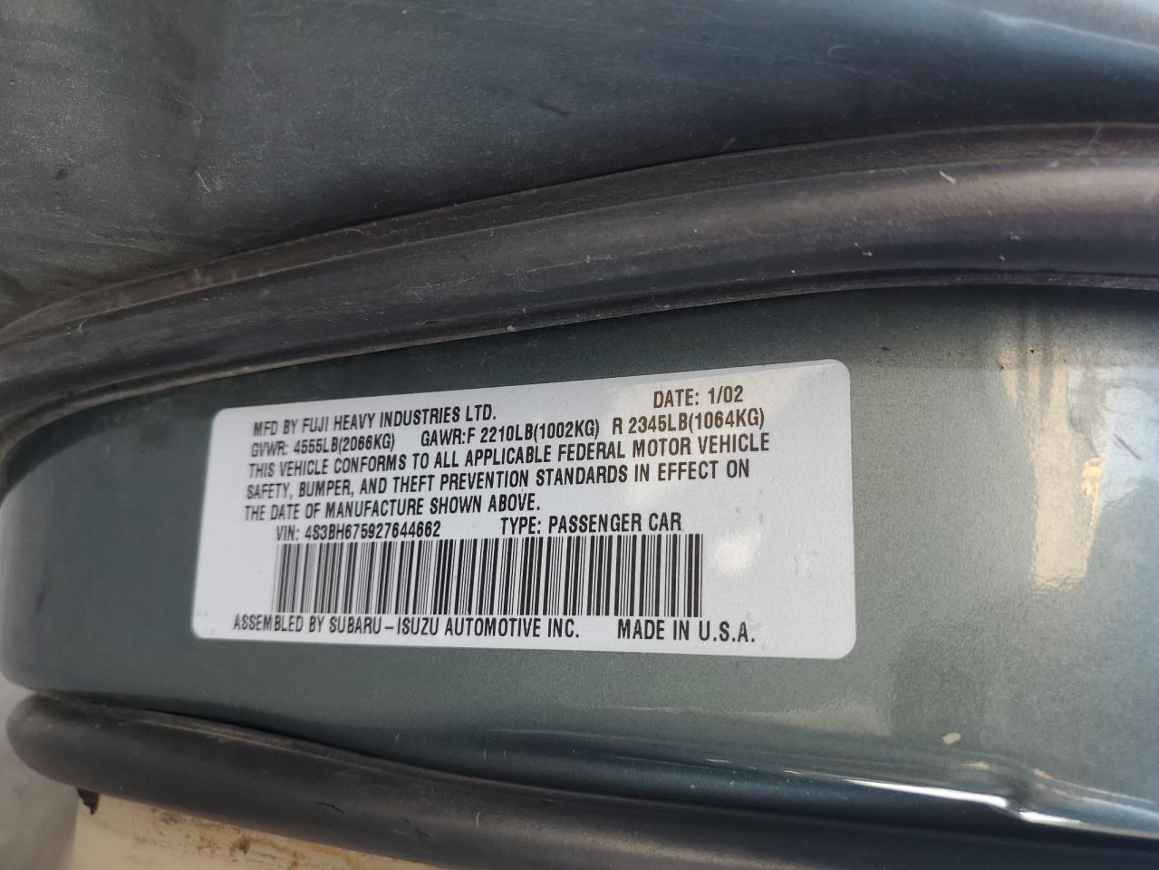 2002 Subaru Legacy Outback Awp VIN: 4S3BH675927644662 Lot: 42757195