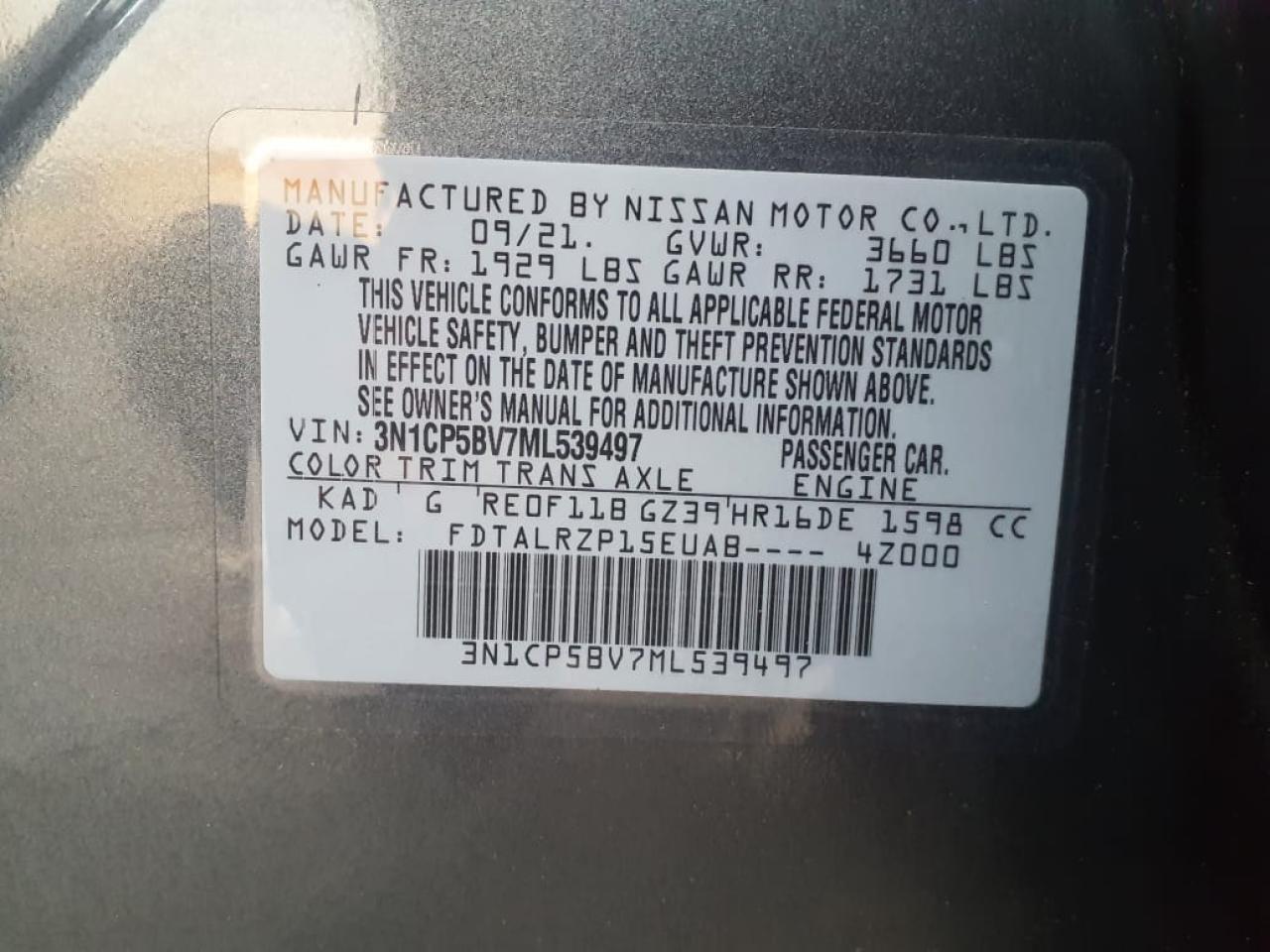 3N1CP5BV7ML539497 - 2021 NISSAN KICKS S - #42343965