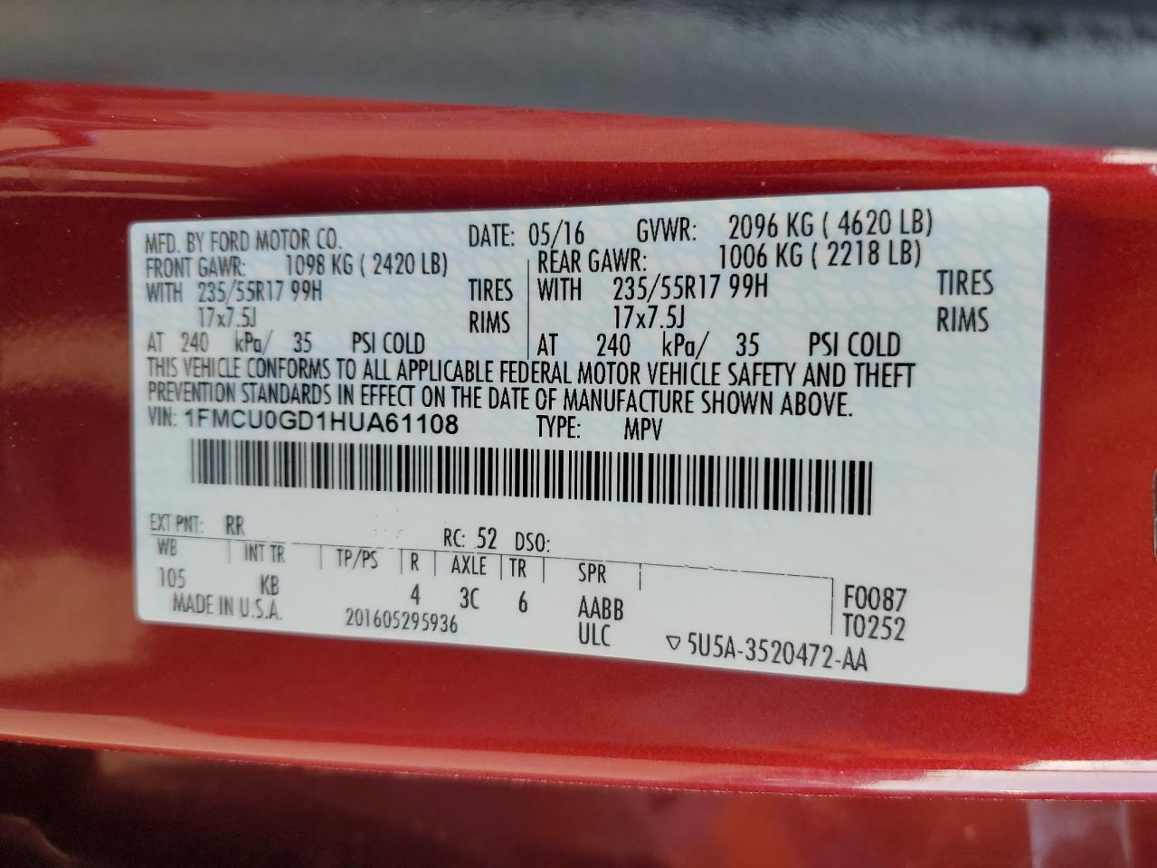 2017 Ford Escape Se VIN: 1FMCU0GD1HUA61108 Lot: 88352845