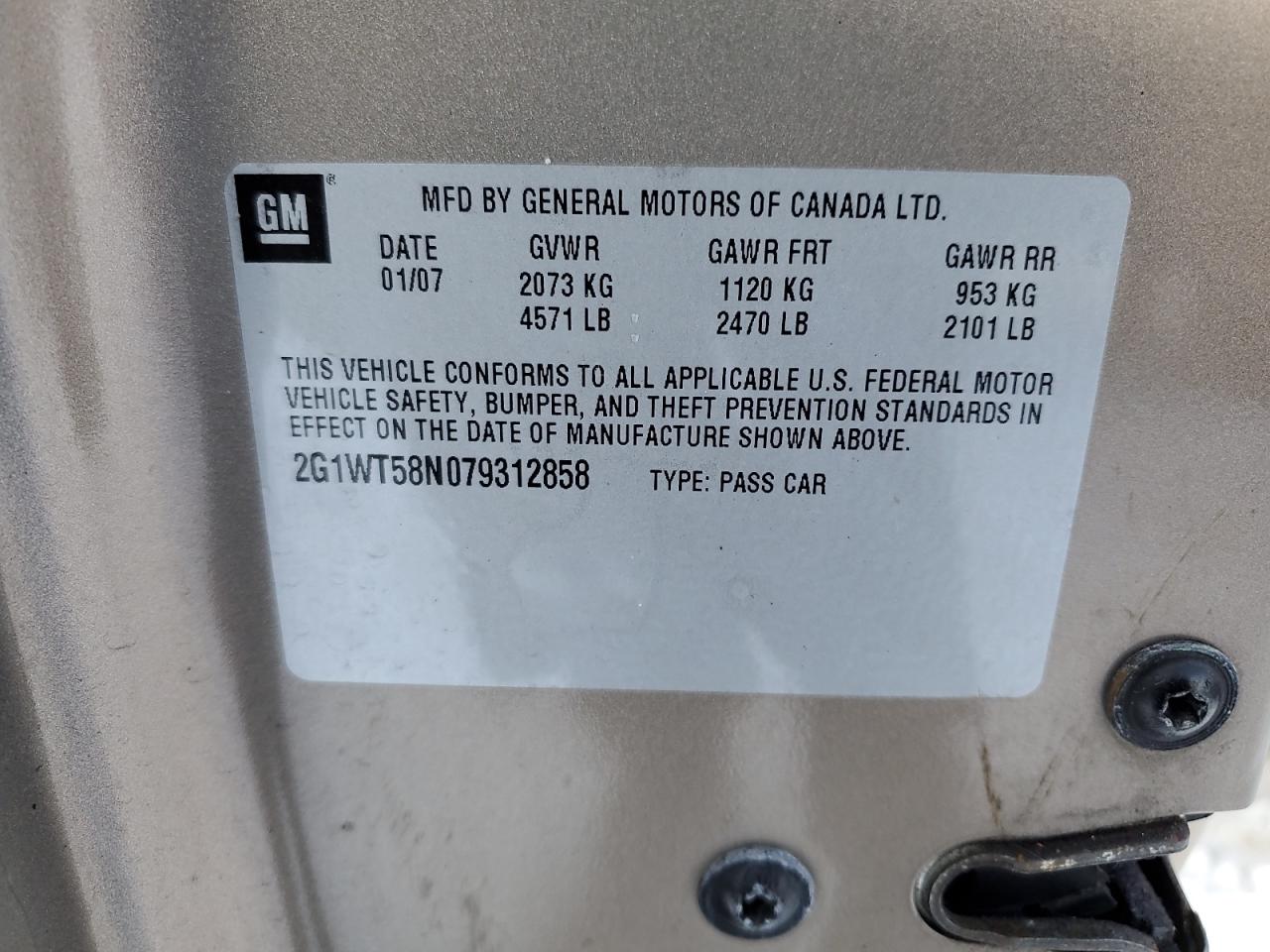 2007 Chevrolet Impala Lt VIN: 2G1WT58N079312858 Lot: 46298355