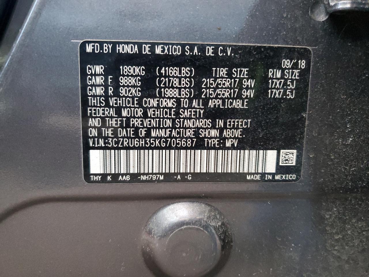 2019 Honda Hr-V Lx VIN: 3CZRU6H35KG705687 Lot: 85945904