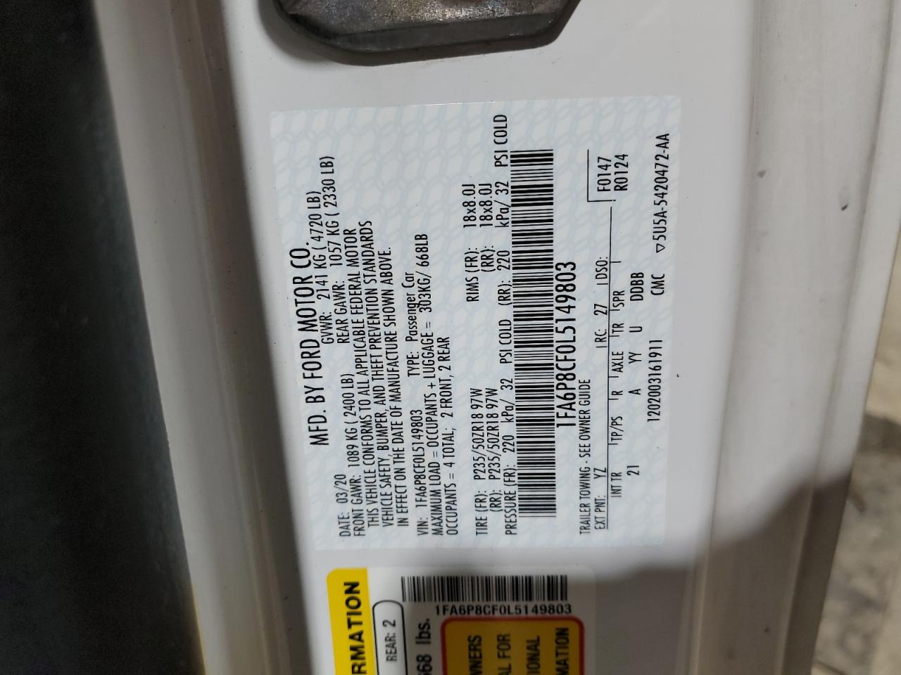 2020 Ford Mustang Gt VIN: 1FA6P8CF0L5149803 Lot: 86027874