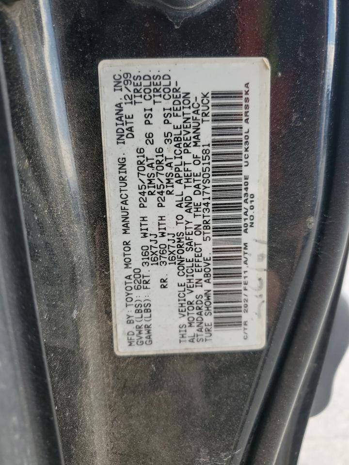 2000 Toyota Tundra Access Cab VIN: 5TBRT3417YS051581 Lot: 89113185