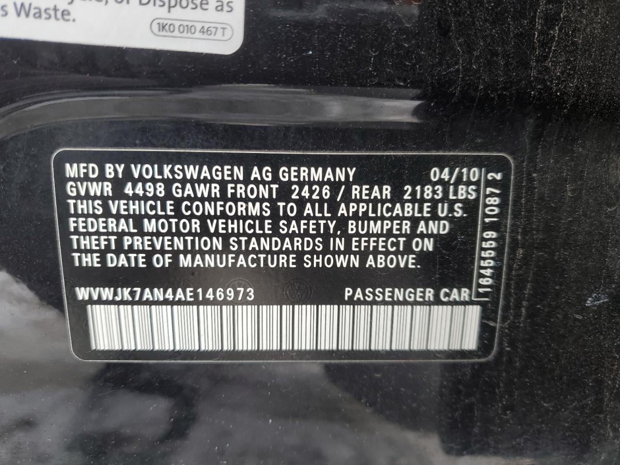 2010 Volkswagen Passat Komfort VIN: WVWJK7AN4AE146973 Lot: 87357304