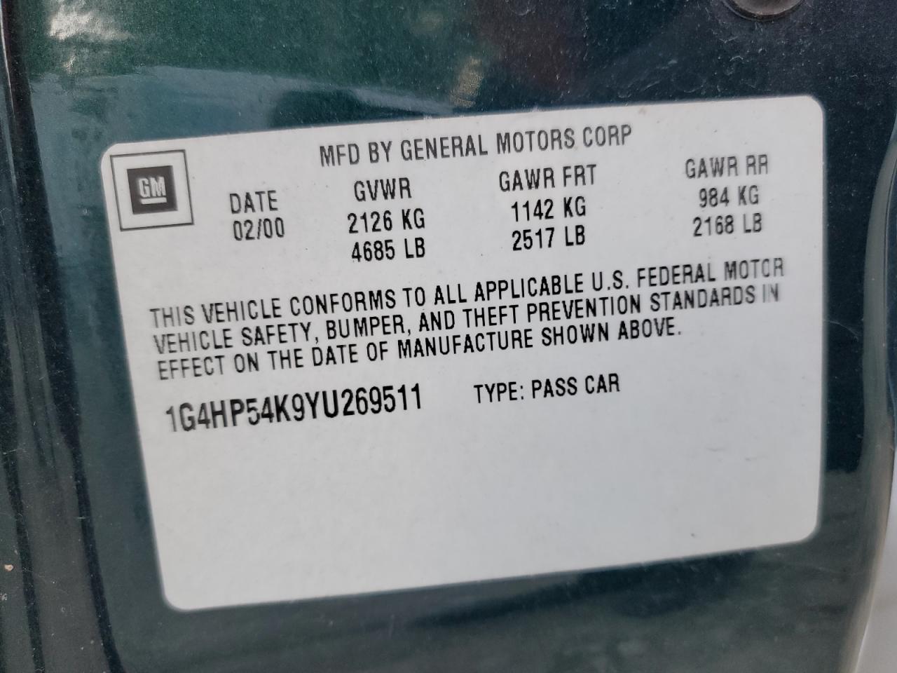 2000 Buick Lesabre Custom VIN: 1G4HP54K9YU269511 Lot: 87631905