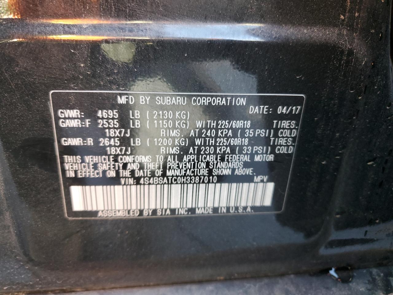 2017 Subaru Outback Touring VIN: 4S4BSATC0H3387010 Lot: 88105225