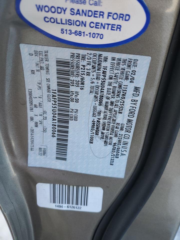 2004 Ford Taurus Ses VIN: 1FAFP55U04A180066 Lot: 89343405