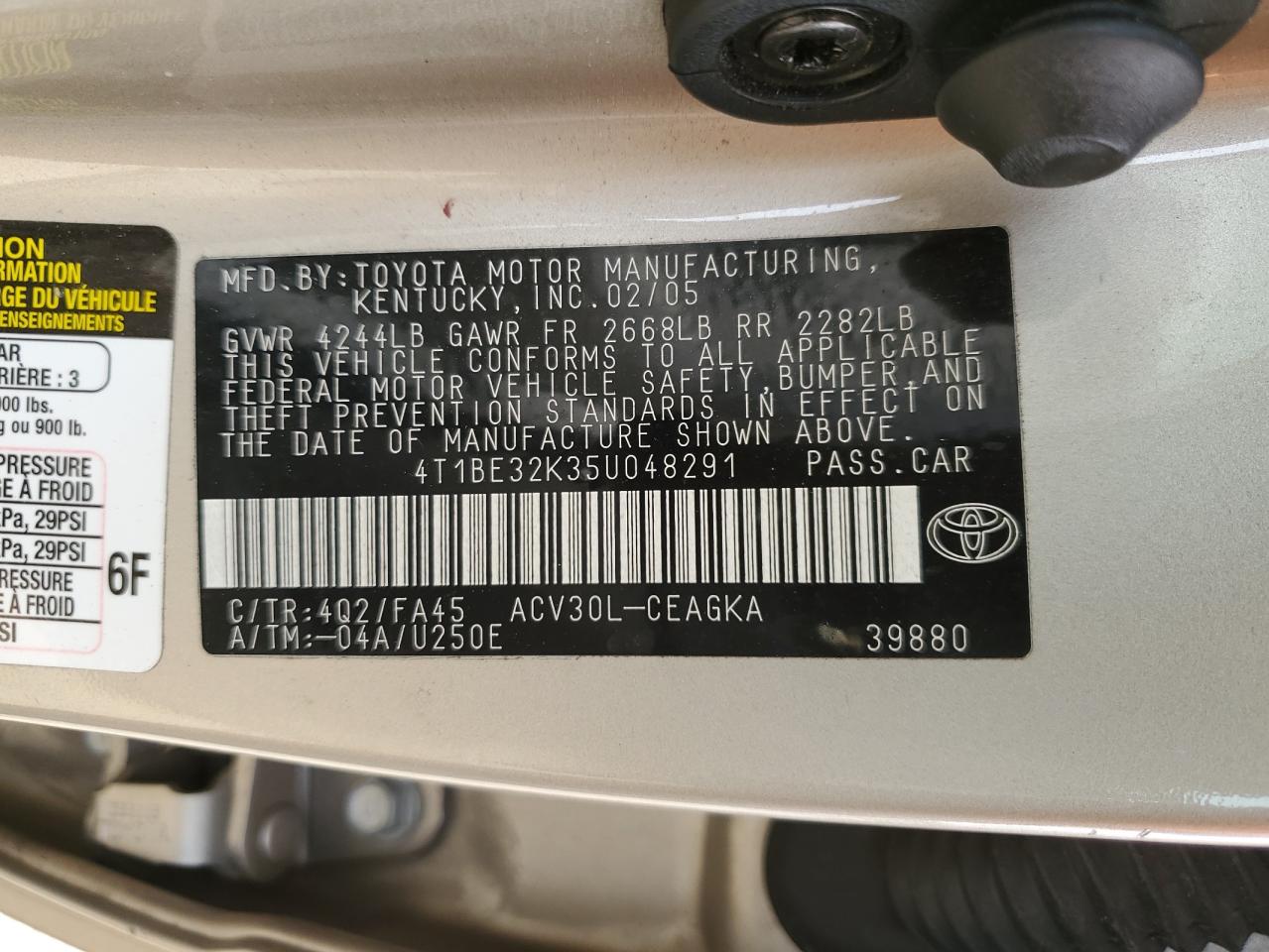 2005 Toyota Camry Le VIN: 4T1BE32K35U048291 Lot: 42002585