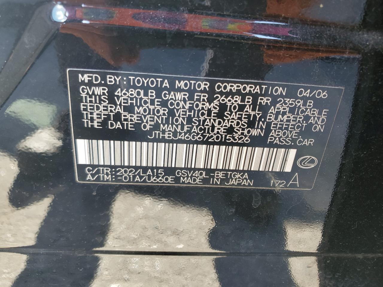 2007 Lexus Es 350 VIN: JTHBJ46G672015326 Lot: 87184224