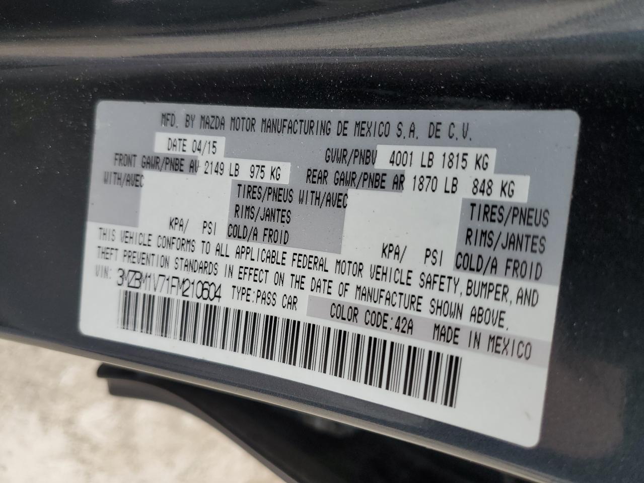 VIN 3MZBM1V71FM210604 2015 MAZDA 3 no.12