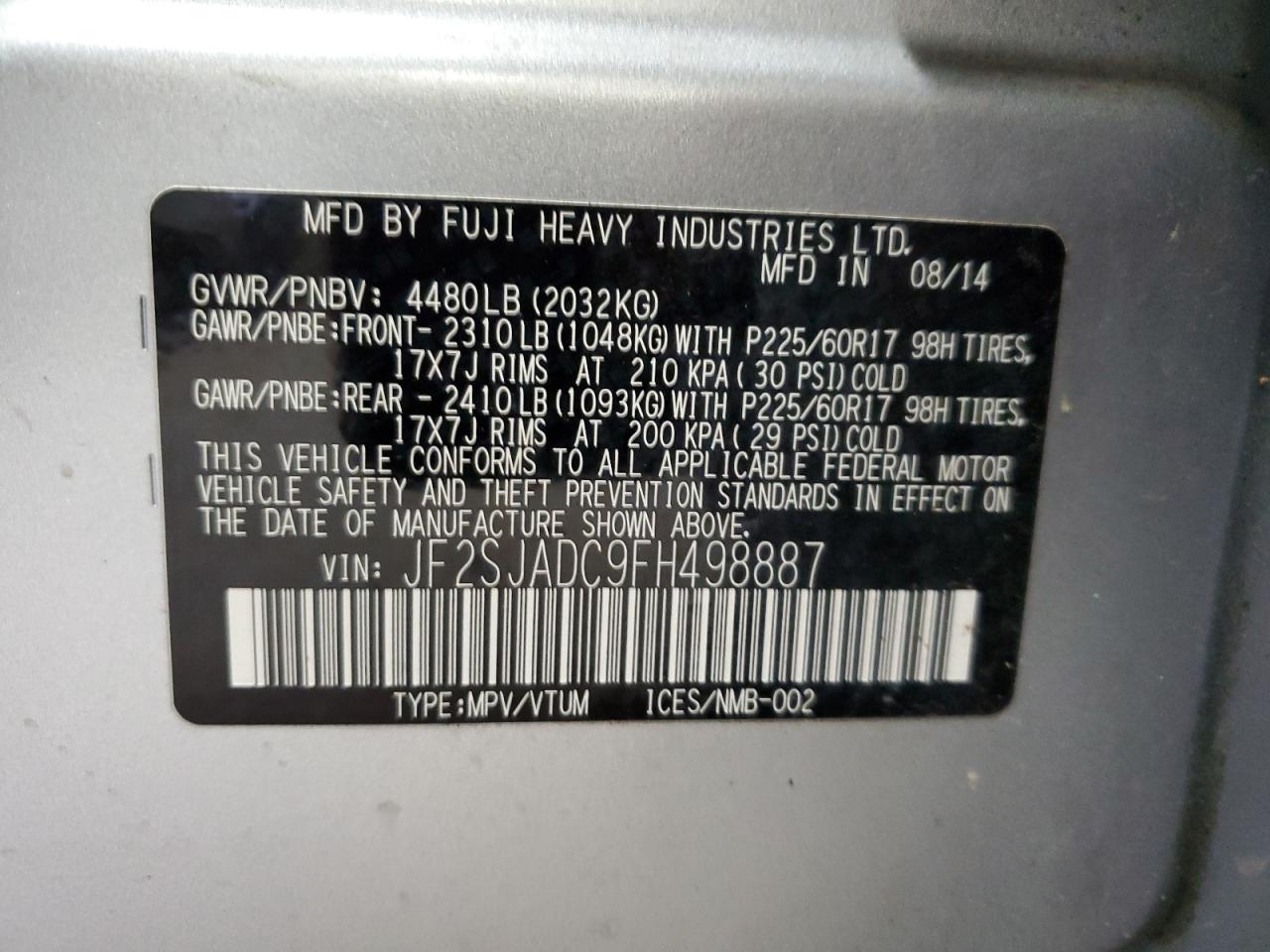 VIN JF2SJADC9FH498887 2015 SUBARU FORESTER no.14