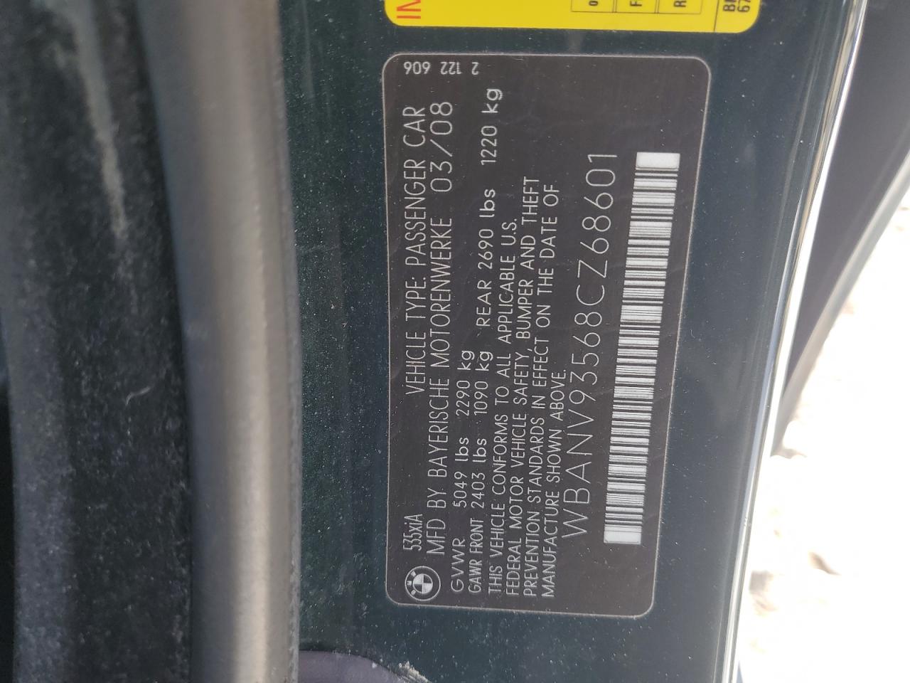 2008 BMW 535 Xi VIN: WBANV93568CZ68601 Lot: 88768195