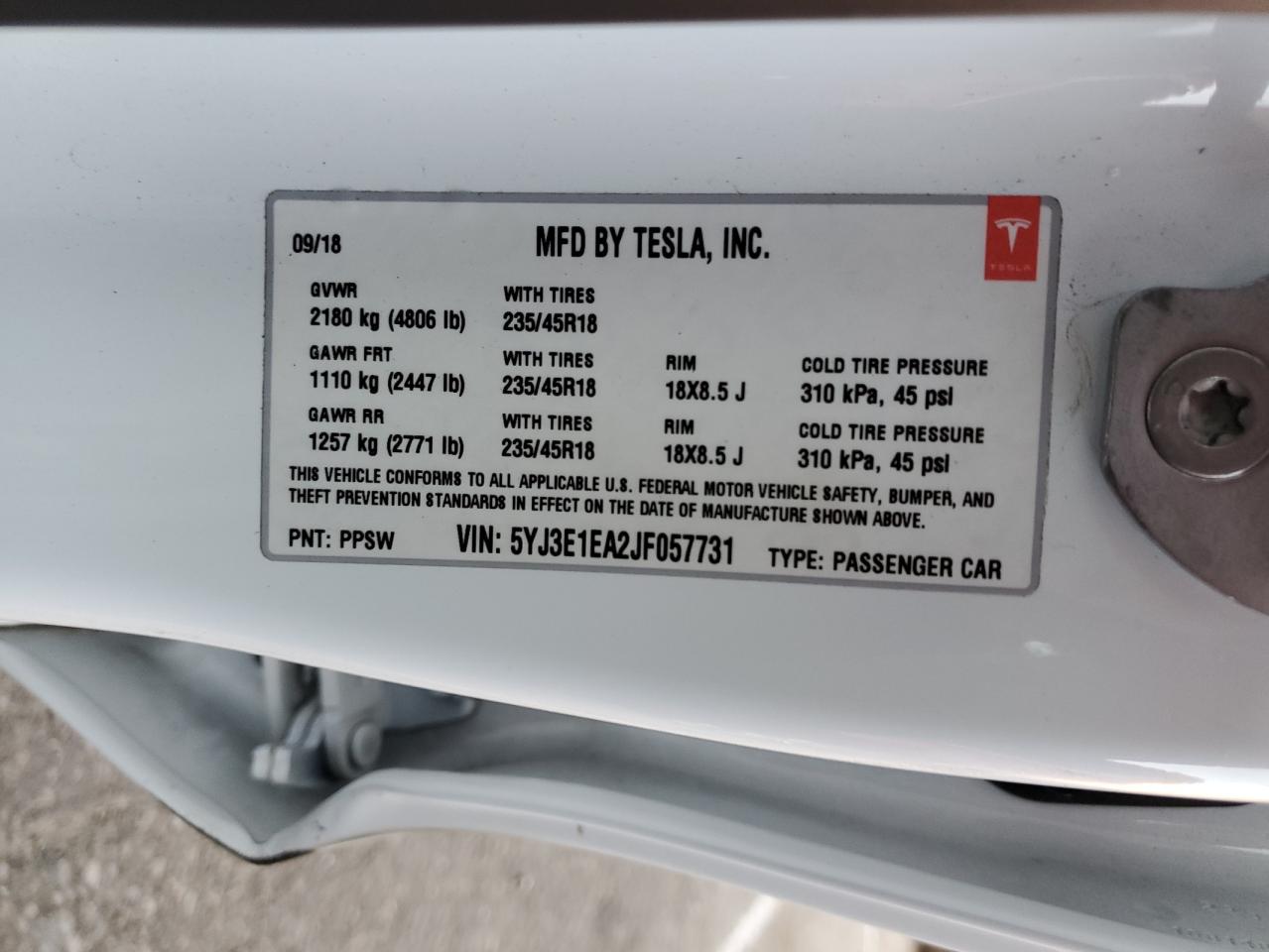 VIN 5YJ3E1EA2JF057731 2018 TESLA MODEL 3 no.12