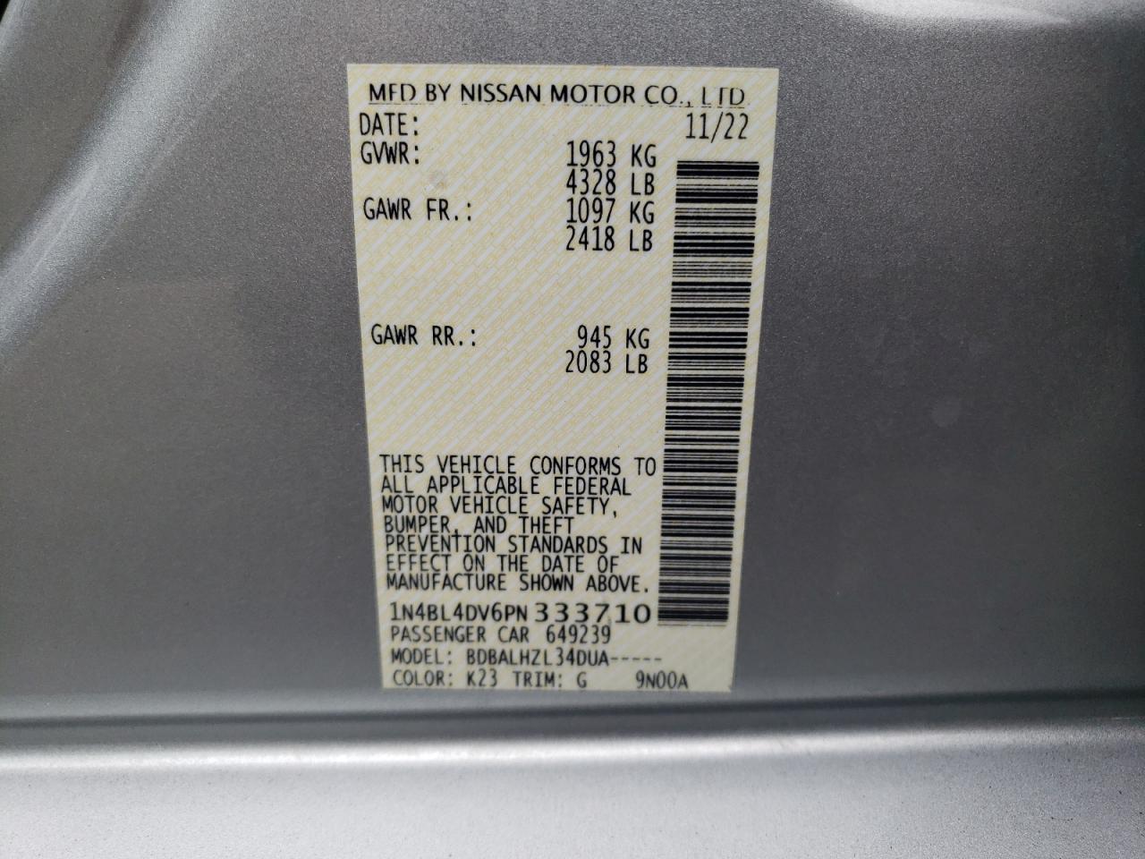 VIN 1N4BL4DV6PN333710 2023 NISSAN ALTIMA no.12