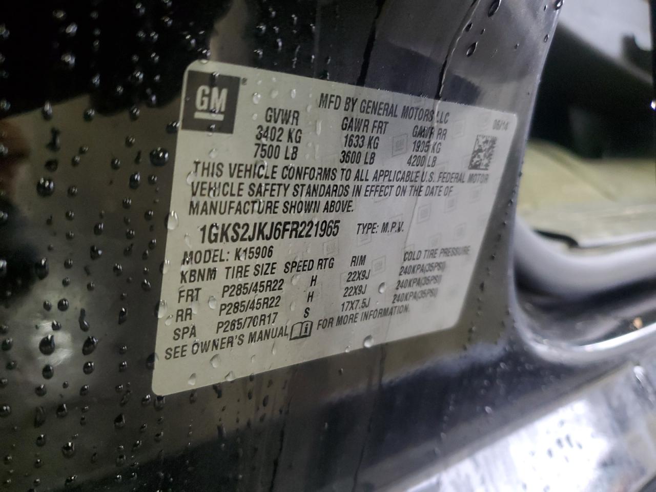 2015 GMC Yukon Xl Denali VIN: 1GKS2JKJ6FR221965 Lot: 86484024