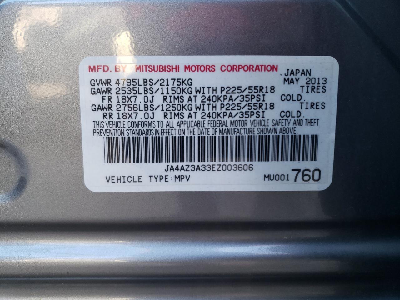 VIN JA4AZ3A33EZ003606 2014 MITSUBISHI OUTLANDER no.13