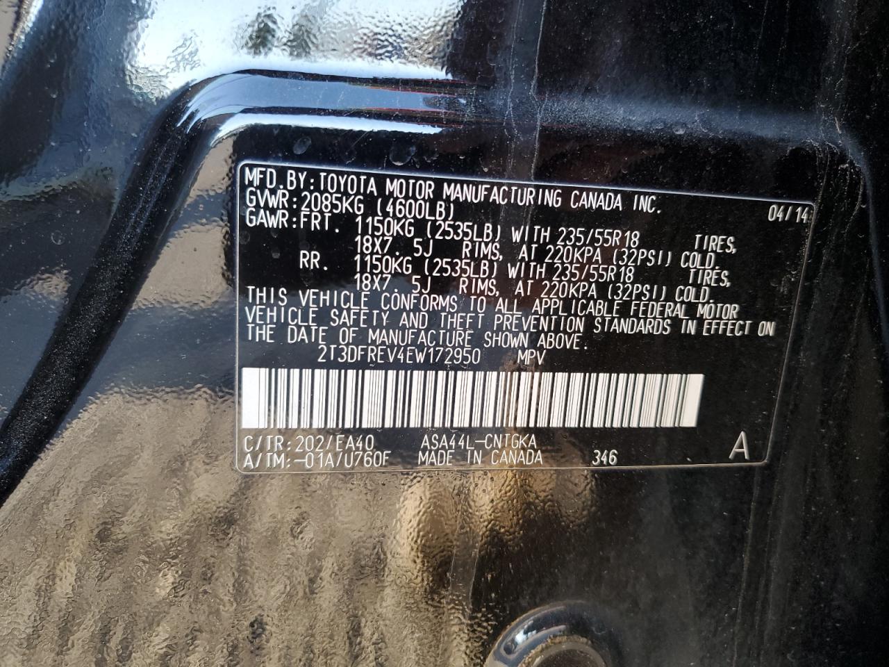 VIN 2T3DFREV4EW172950 2014 TOYOTA RAV4 no.13