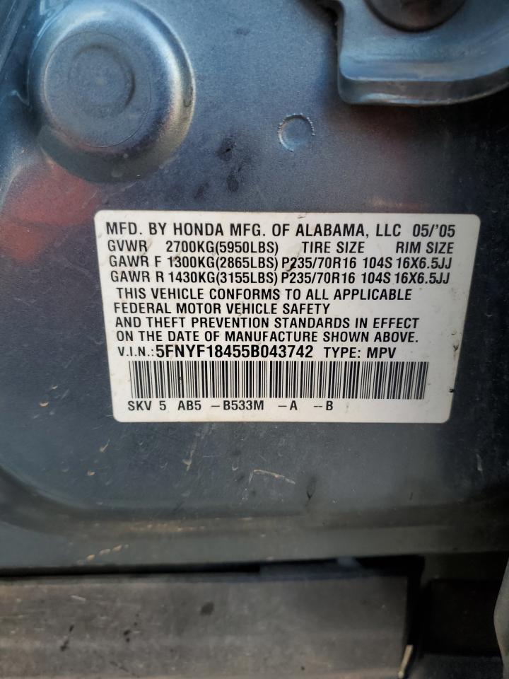 2005 Honda Pilot Ex VIN: 5FNYF18455B043742 Lot: 43059015