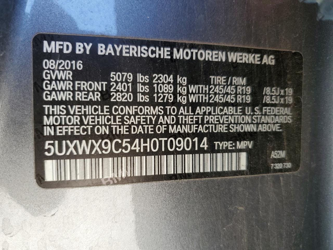 VIN 5UXWX9C54H0T09014 2017 BMW X3 no.13