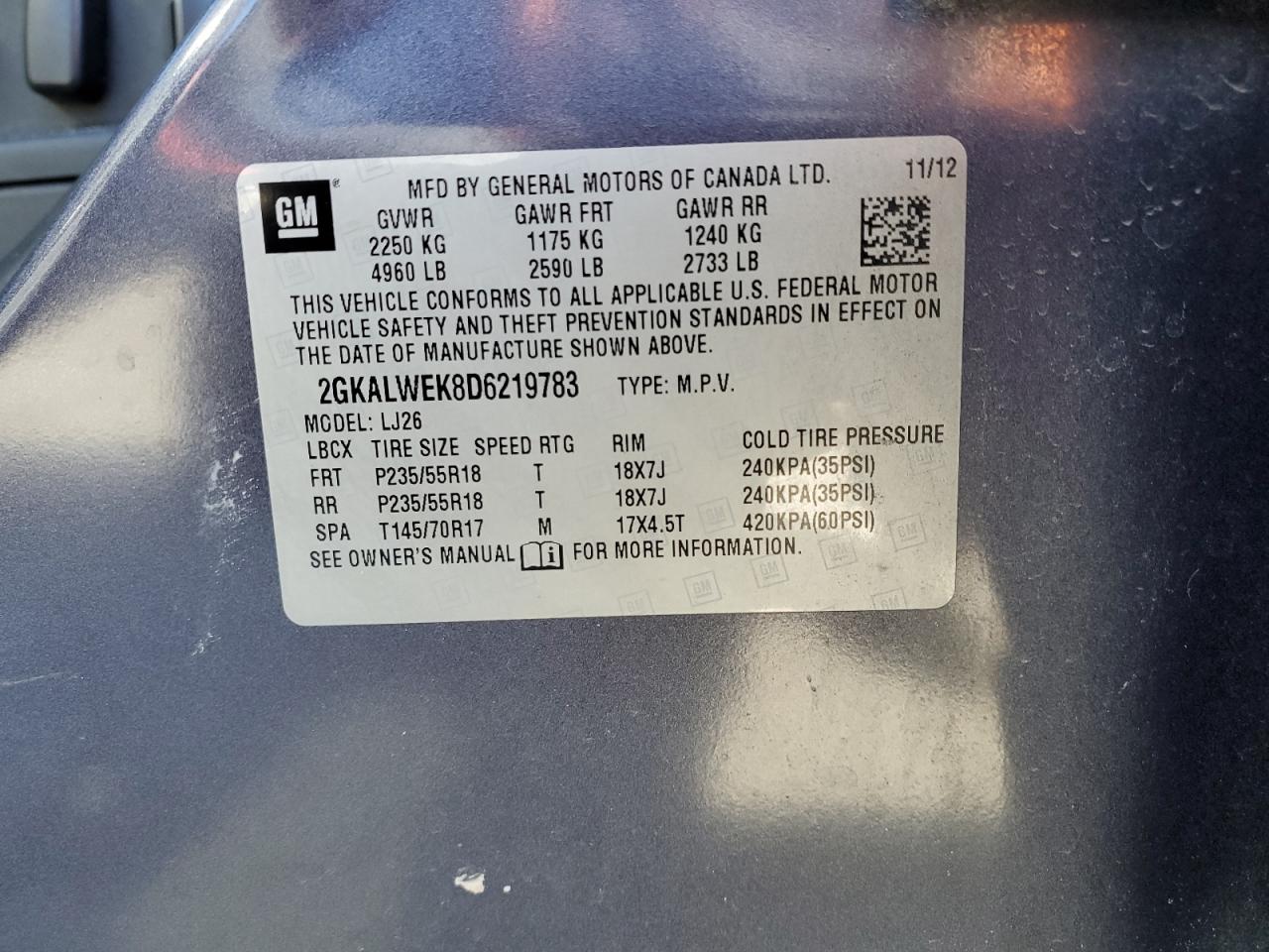 2013 GMC Terrain Slt VIN: 2GKALWEK8D6219783 Lot: 57232825