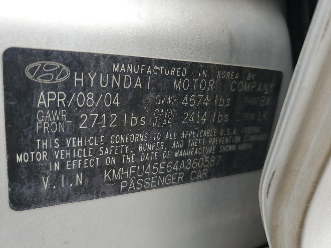 2004 Hyundai Xg 350 VIN: KMHFU45E64A360587 Lot: 43039875