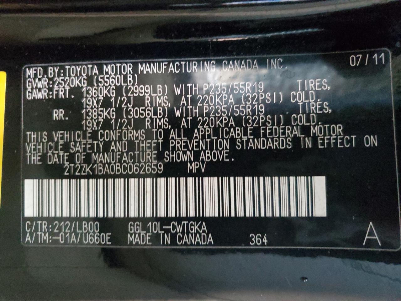 2011 Lexus Rx 350 VIN: 2T2ZK1BA0BC062659 Lot: 87705115