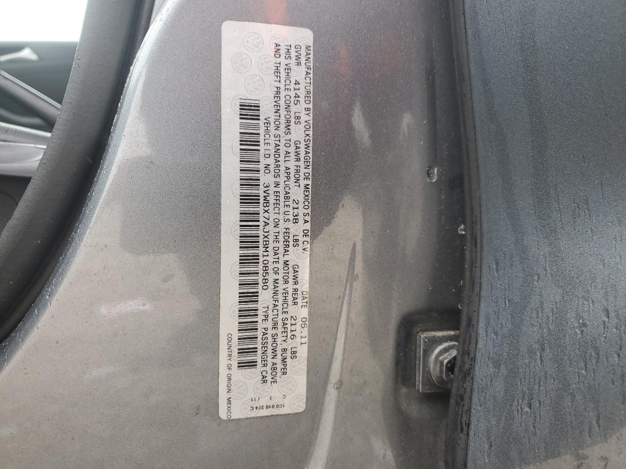 2011 Volkswagen Jetta Se VIN: 3VWBX7AJXBM108580 Lot: 88027705