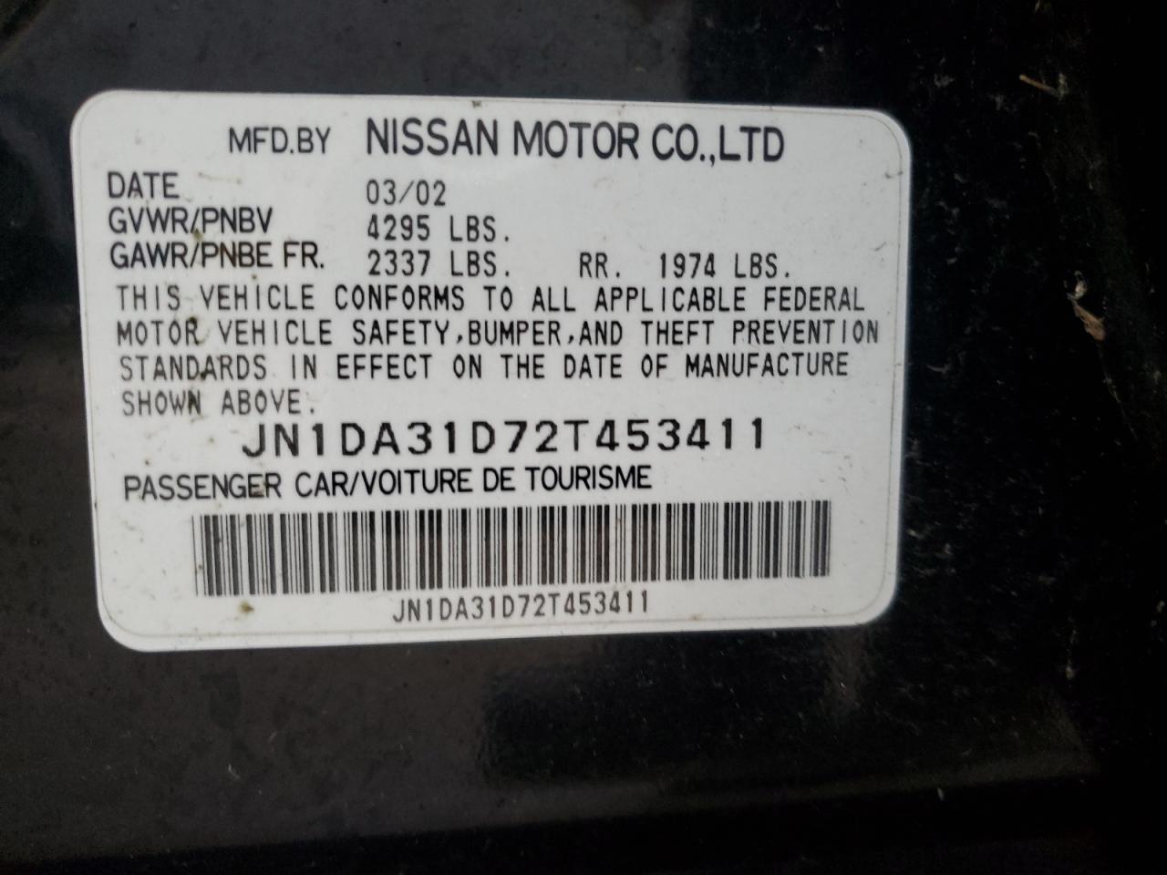 2002 Nissan Maxima Gle VIN: JN1DA31D72T453411 Lot: 42737715