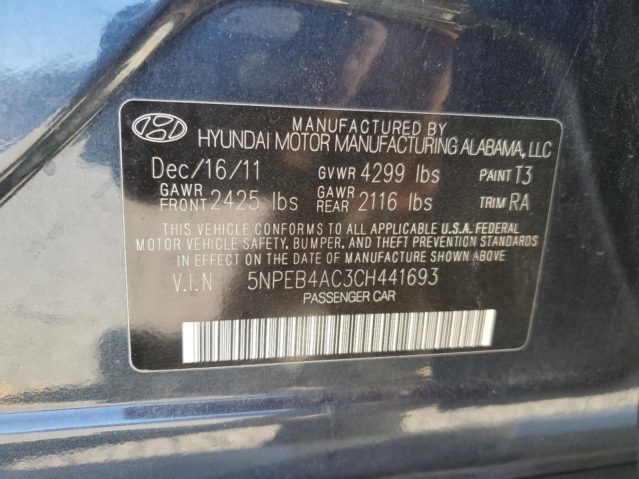 2012 Hyundai Sonata Gls VIN: 5NPEB4AC3CH441693 Lot: 88553515