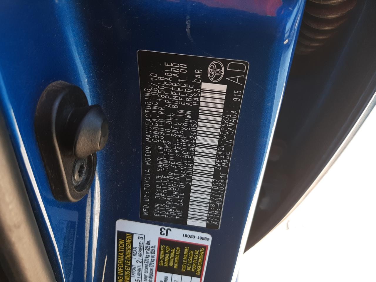 2010 Toyota Corolla Base VIN: 2T1BU4EE0AC424052 Lot: 88271775