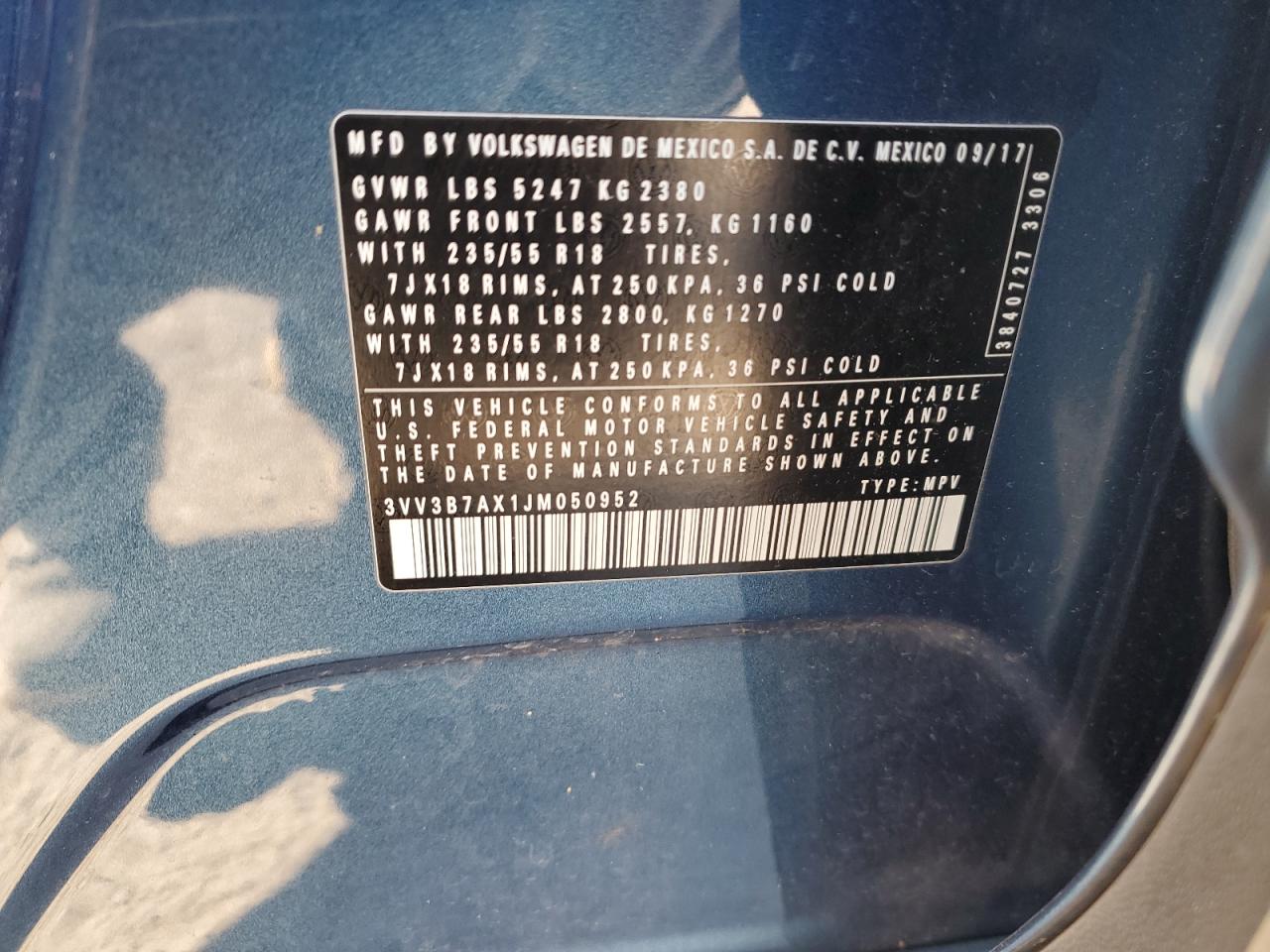 2018 Volkswagen Tiguan Se VIN: 3VV3B7AX1JM050952 Lot: 86964984