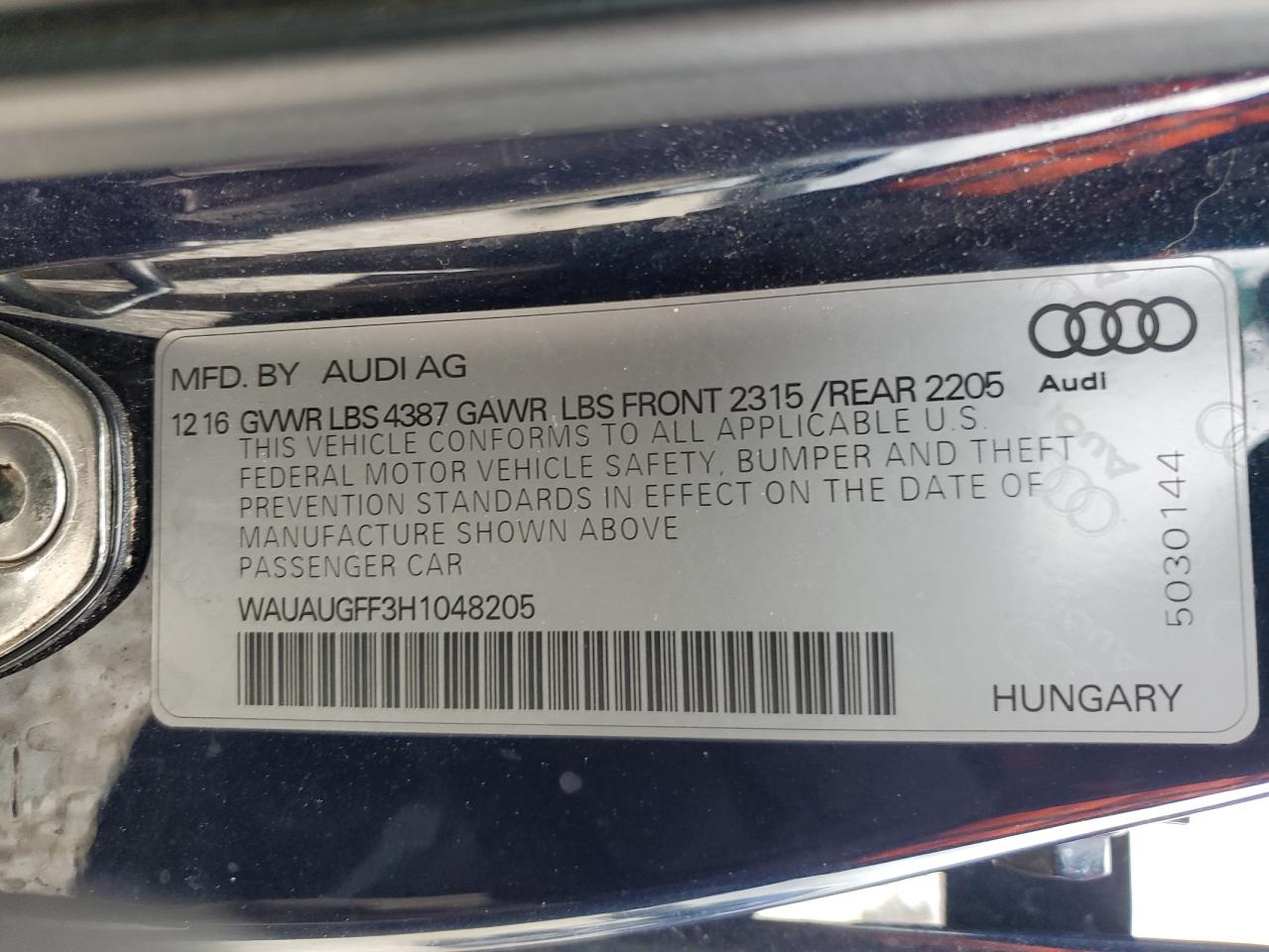 2017 Audi A3 Premium VIN: WAUAUGFF3H1048205 Lot: 87552095
