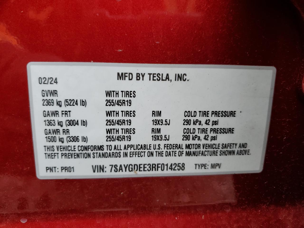 2024 Tesla Model Y VIN: 7SAYGDEE3RF014258 Lot: 88311165