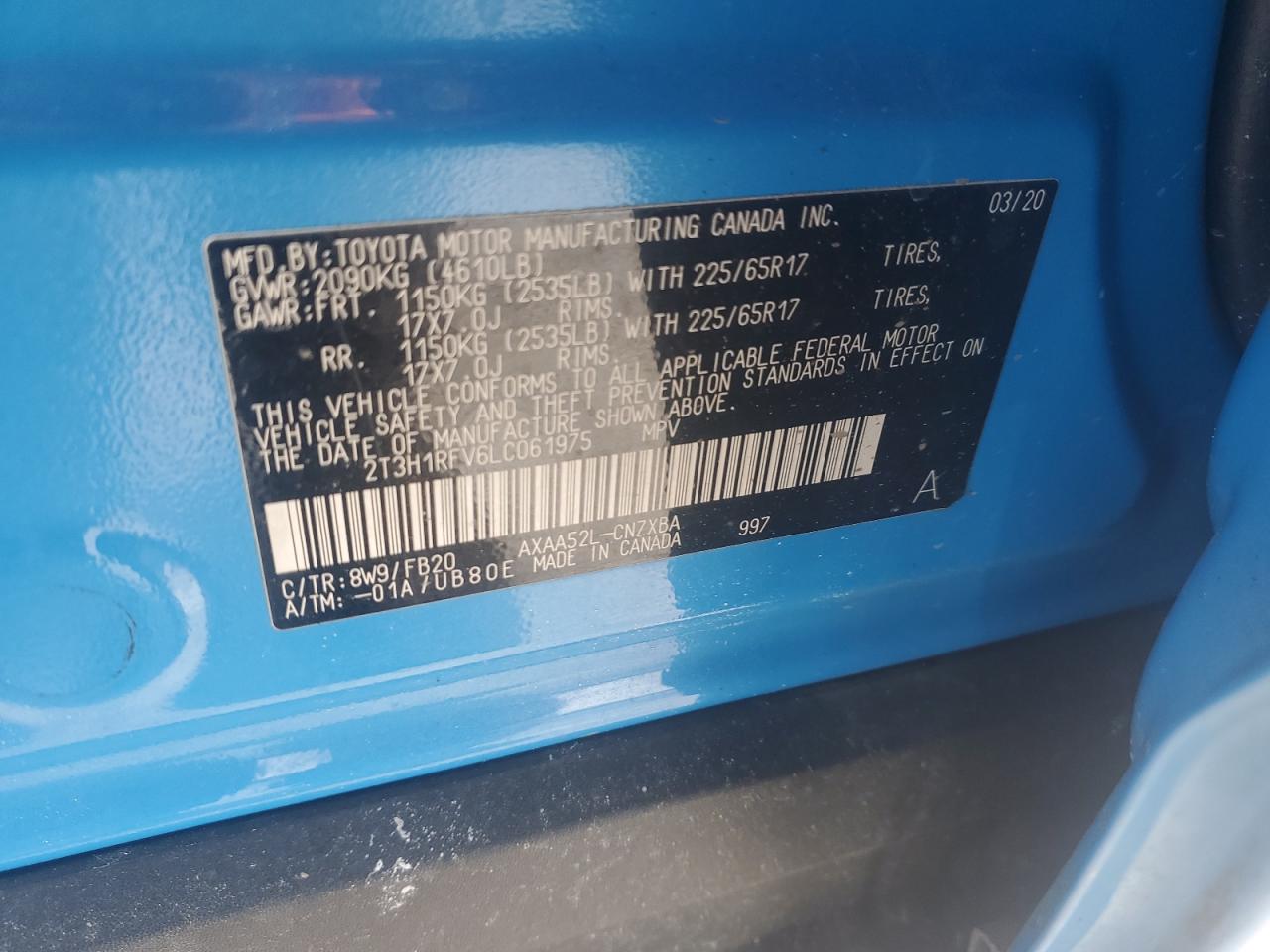 2020 Toyota Rav4 Le VIN: 2T3H1RFV6LC061975 Lot: 89067075