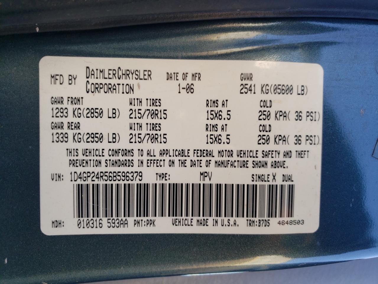 2006 Dodge Grand Caravan Se VIN: 1D4GP24R56B596379 Lot: 41807635