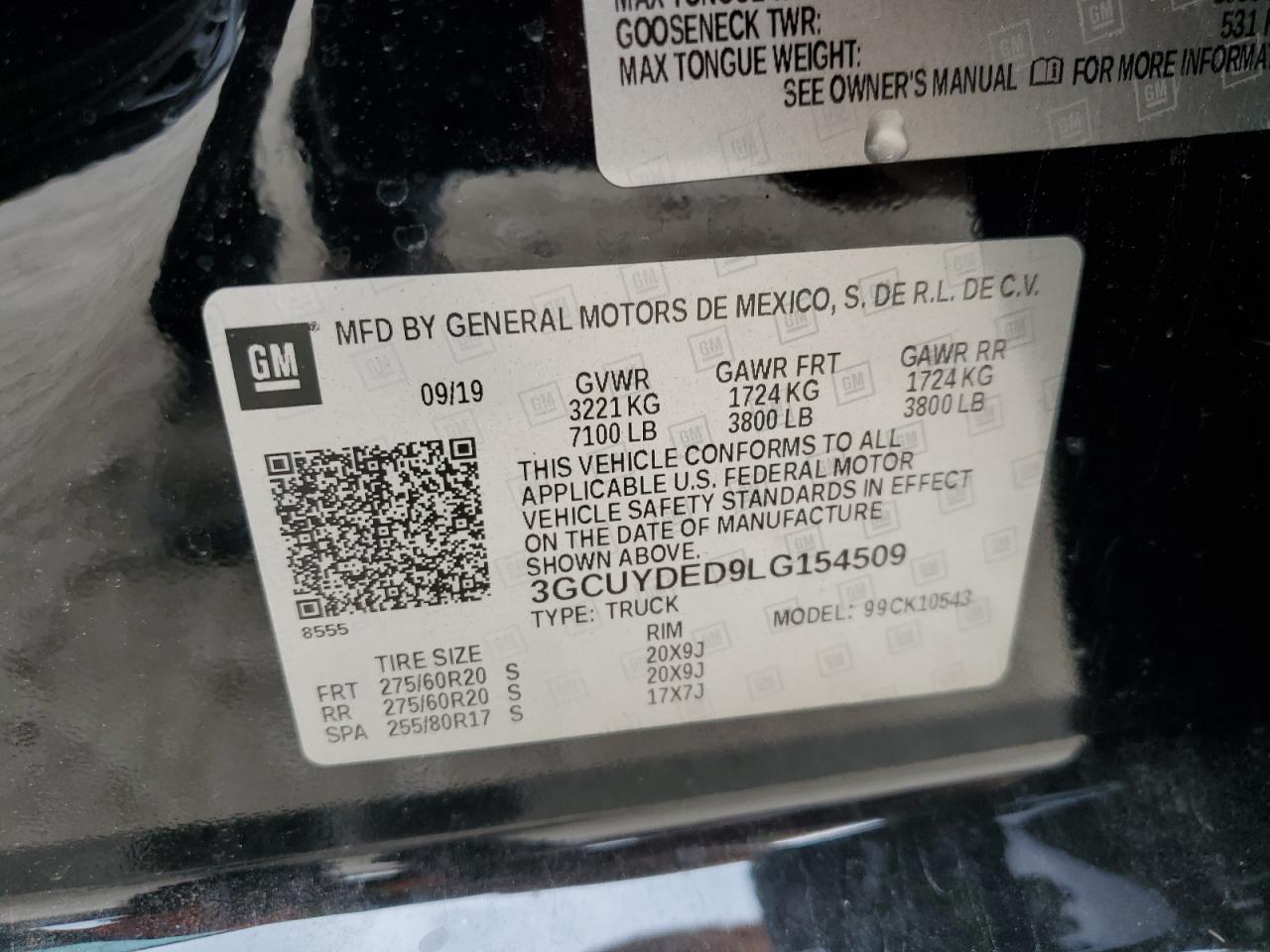 2020 Chevrolet Silverado K1500 Lt VIN: 3GCUYDED9LG154509 Lot: 42248185