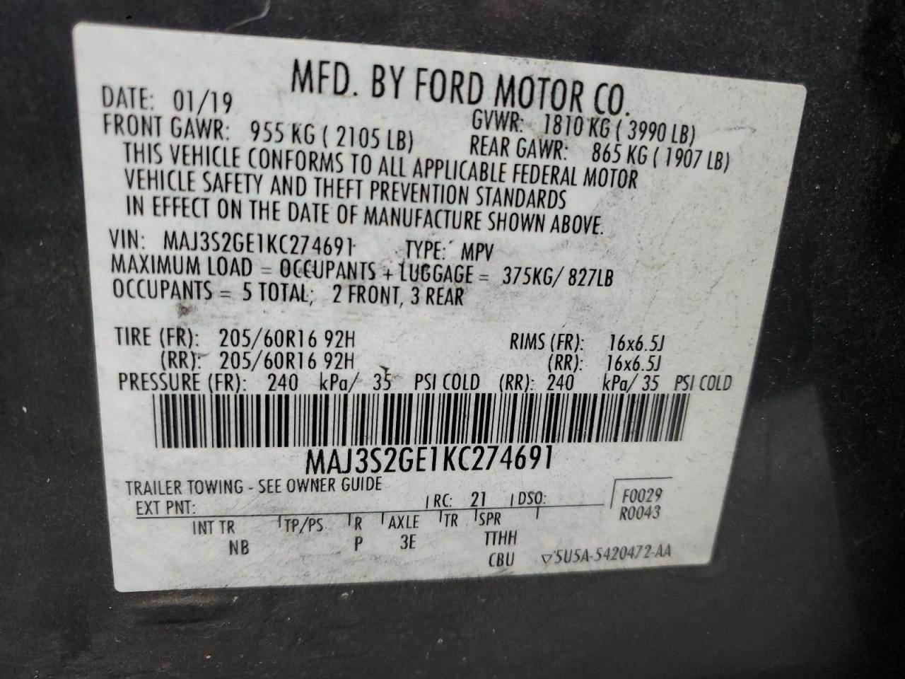 2019 Ford Ecosport Se VIN: MAJ3S2GE1KC274691 Lot: 88015975