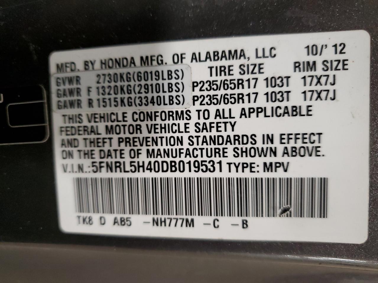 VIN 5FNRL5H40DB019531 2013 HONDA All Models no.13