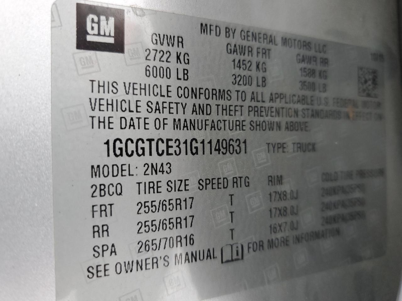 VIN 1GCGTCE31G1149631 2016 CHEVROLET COLORADO no.12