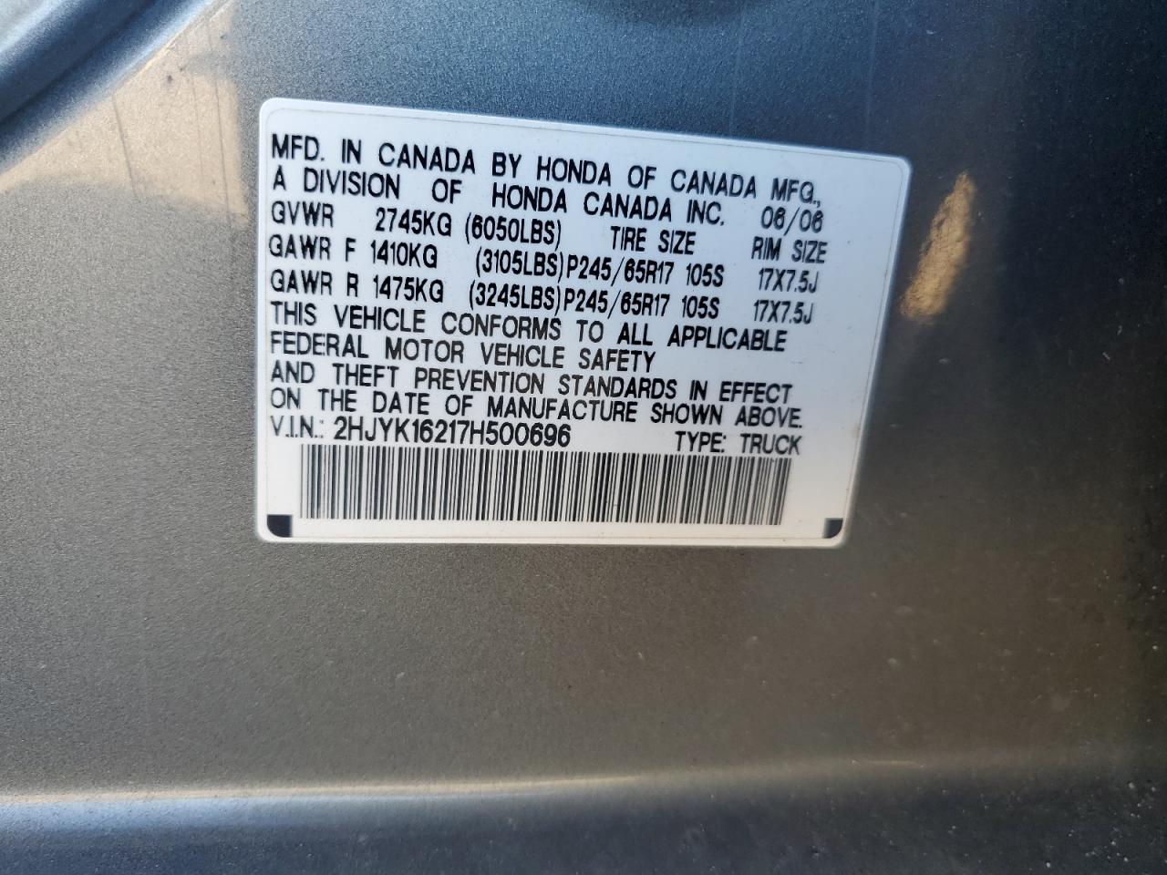 2007 Honda Ridgeline Rt VIN: 2HJYK16217H500696 Lot: 42022935