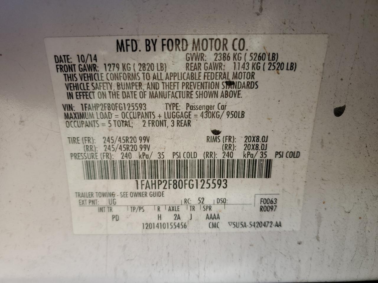 VIN 1FAHP2F80FG125593 2015 FORD TAURUS no.12