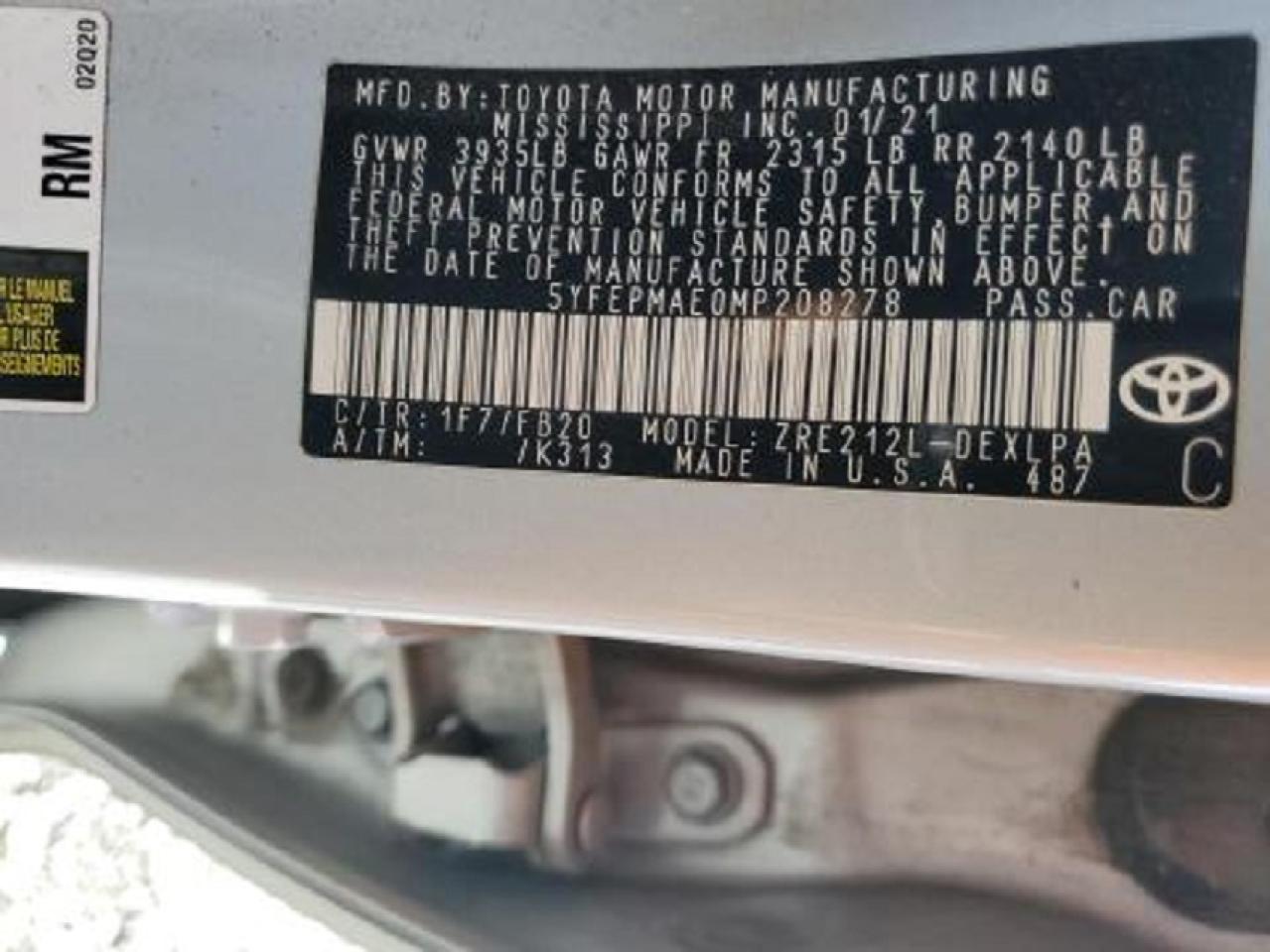 2021 Toyota Corolla Le VIN: 5YFEPMAE0MP208278 Lot: 43186725