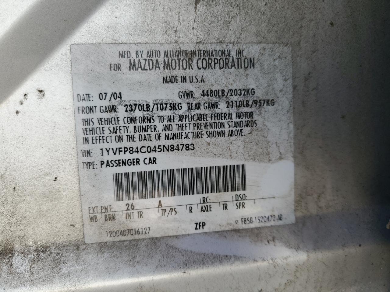 2004 Mazda 6 I VIN: 1YVFP84C045N84783 Lot: 87843485